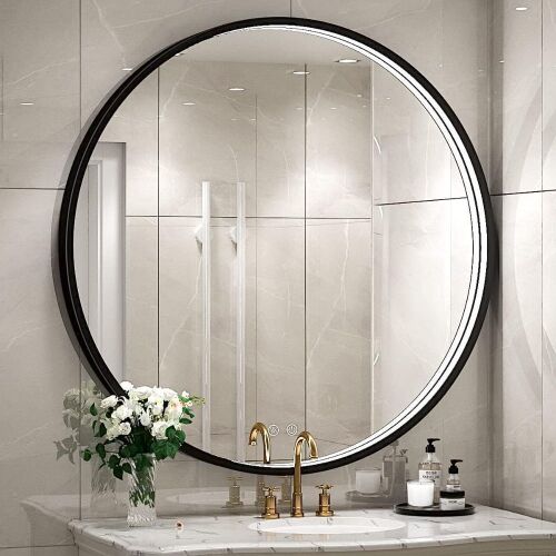 FTOTI LED Black Frame Round Bathroom Mirror  - Lot 704