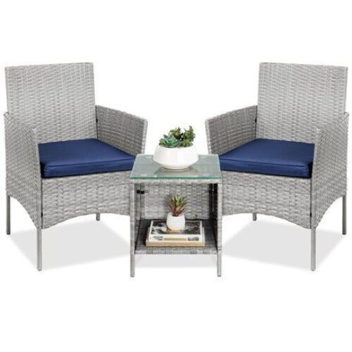 3-Piece Outdoor Patio Wicker Bistro Set w/ Side Storage Table  - Lot 46
