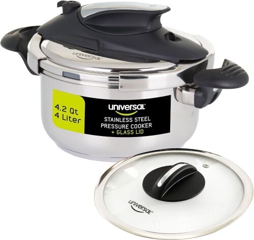  Universal 4.2 Quart Stainless Steel Easy Use Pressure Cooker + Extra Glass Lid - Lot 515