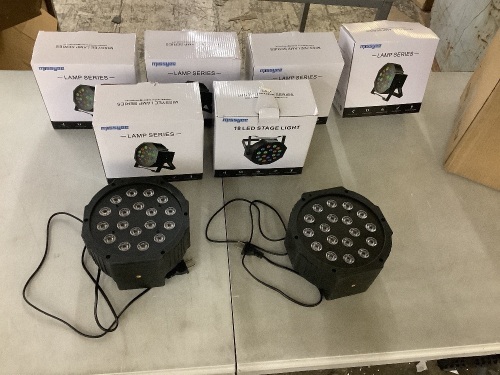 8-Pack Missyee 18 RGB LED DJ Stage Uplight -DMX Control Sound Activated with Remote Control and 7 Modes LED. Two are Missing Brackets and Remote - Lot 56