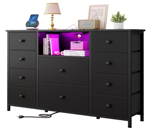 LDTTCUK Dresser with Charging Station and LED Lights, Long Dresser for Bedroom Dresser TV Stand with 10 Drawers, Fabric Chest of Drawers - Lot 53