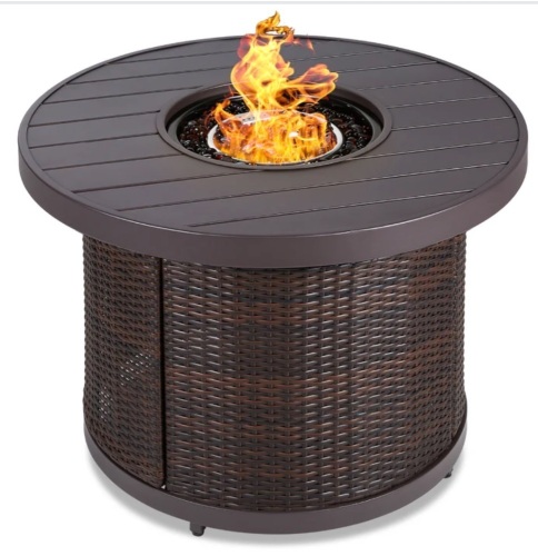 Round Fire Pit Table, 50,000 BTU Outdoor Wicker Firepit w/ Cover - 32in - Lot 15