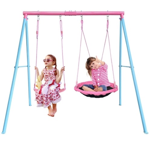 440lbs 2 Play Stations Swing Sets for Backyard, 1 Saucer Tree Swing 32 inch, 1 Belt Swings, Heavy Duty Metal Swing Stand with Anchors(Pink+Blue) - Lot 260