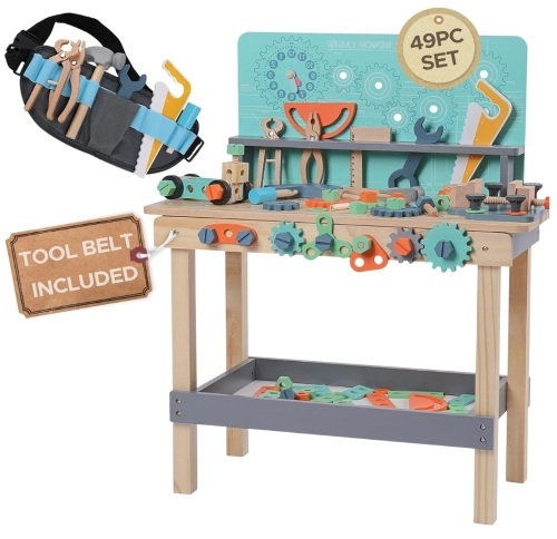 Wooden Toddler Workbench - 49 Piece Toddler Tool Set - Kids Tool Belt Included. Damage to Tool Bely Clip - Lot 270