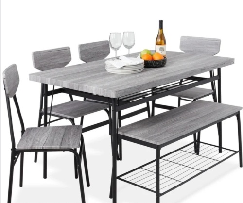 6-Piece Modern Dining Set w/ Storage Racks, Table, Bench, 4 Chairs - 55in-missing hardware - Lot 17