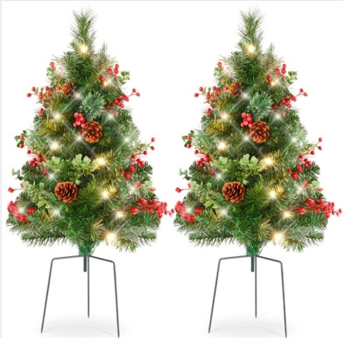 Set of 2 Pre-Lit Pathway Christmas Trees w/ Pine Cones, Timer - 24.5in - Lot 146