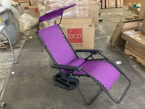 Folding Zero Gravity Recliner Patio Lounge Chair w/ Canopy, Side Tray - Broken Strap on Headrest  - Lot 290