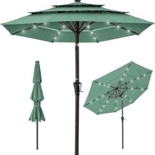 3-Tier Solar Patio Umbrella w/ LED Lights, Tilt Adjustment, Crank - 10ft - Lot 349
