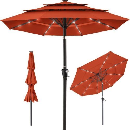 3-Tier Solar Patio Umbrella w/ LED Lights, Tilt Adjustment, Crank - 10ft - Lot 351