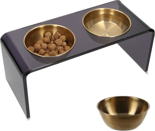 Helm Luxe Acrylic Elevated Pet Bowl Stand w/ 2 Gold Bowls - Lot 736