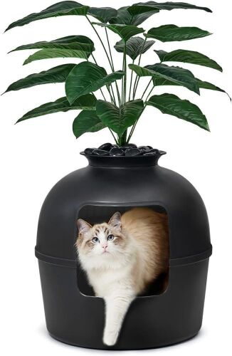 Bundle & Bliss Hidden Litter Box Enclosure with Odor Control Carbon Filter, Faux Plant and Real Stones - Lot 528