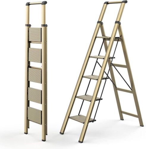 HBTower 5-Step Telescopic Handrail Trellis Ladder Gold - Lot 733