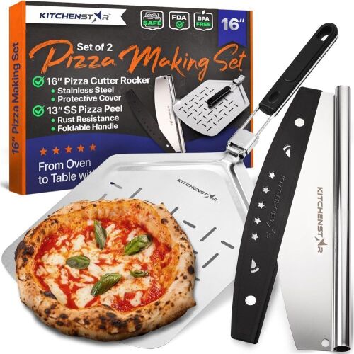 KitchenStar 13" Perforated Stainless Steel Pizza Peel with Folding Handle & 16" Pizza Cutter Rocker Knife with Blade Cove - Lot 381