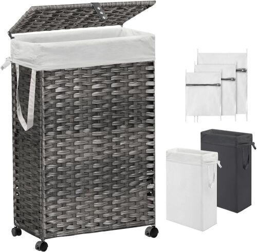 70L Slim Laundry Hamper with Lid & Wheels, 2 Removable Liner Bags - Lot 385