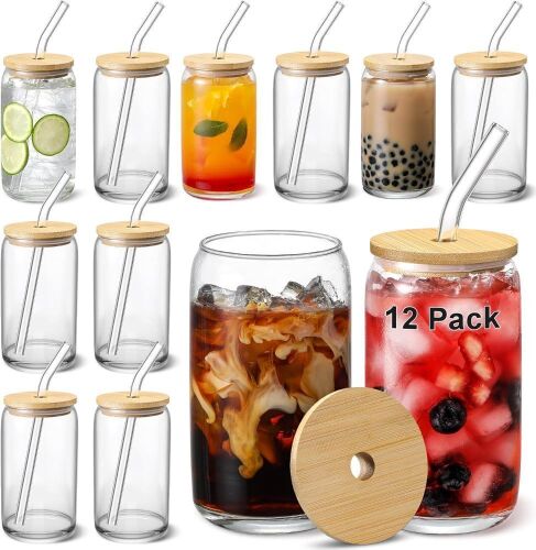 Beer Can Shaped Glasses with Bamboo Lids, 12 Pack  - Lot 776