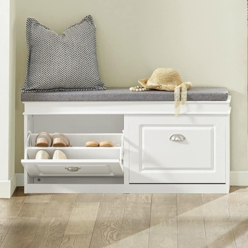 Haotian White Shoe Storage Bench with 2 Flip Drawers & Padded Seat - Lot 430