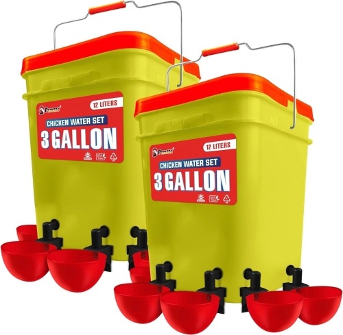 3-Gallon Automatic Chicken Waterer Set, 2 Buckets & 12 Water Cups - Lot 439