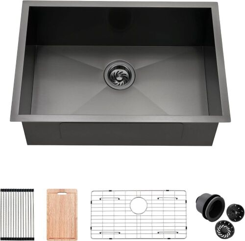  Undermount Black Stainless Steel Kitchen Sink, 27 x19 x10 Inches 16 Gauge - Bent Corner, Chip in Bamboo Board - Lot 16