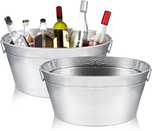 Uiifan 2 Pcs 24 Quart Hammered Stainless Steel Beverage Tub - Lot 582