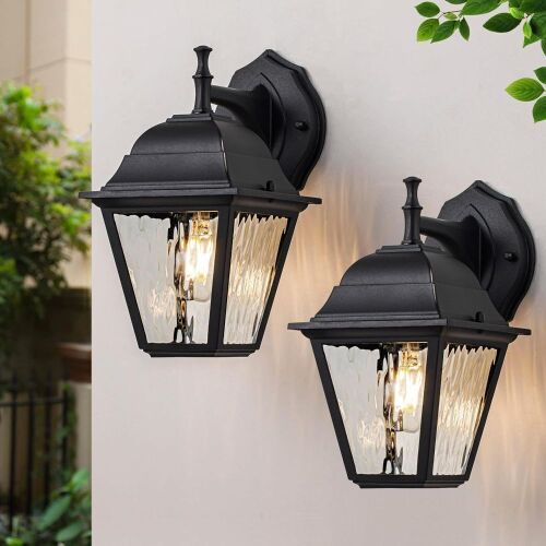  Matte Black Porch Light with Water Ripple Glass, 2 Pack - Lot 515