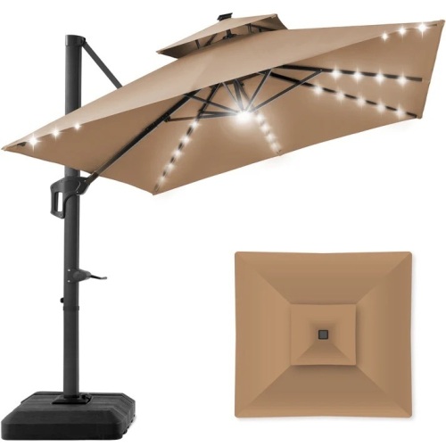2-Tier Square LED Cantilever Offset Umbrella w/ 360 Rotation, Base - 10x10ft - Lot 1900