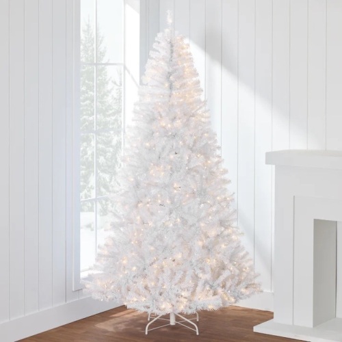 Pre-Lit Hinged Artificial White Pine Christmas Tree w/ Lights, Metal Stand 7.5ft - Lot 1973