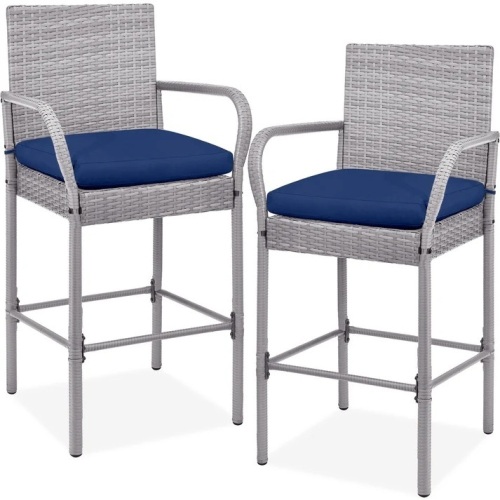Set of 2 Indoor Outdoor Wicker Bar Stools w/ Cushion, Footrests, Armrests - Lot 2085