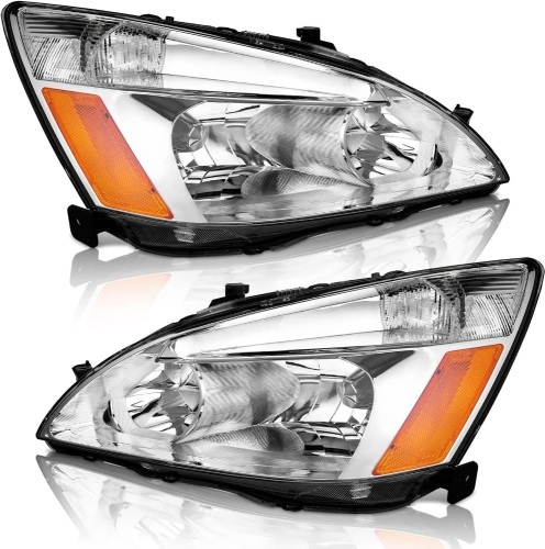 Headlights for 03-07 Honda Accord, 03-07 Accord OE Headlamp Coupe/Sedan Chrome Housing Amber Reflector Left+Right Side 2/4-Door - Lot 2092