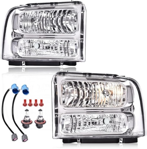 GRAND ORANGE Headlights Assembly Compatible with 1999-2004 Ford F250 F350 F450 F550 Super Duty/Fit 2000-2004 Ford Excursion Driver & Passenger Side Clear Lens Chrome Housing 1C3Z13008BA - Lot 2096