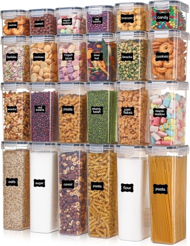 Airtight Food Storage Containers with Lids, Vtopmart 24 pcs Plastic Kitchen and Pantry Organization Canisters for Cereal, Dry Food, Flour and Sugar, BPA Free, Includes 24 Labels，Black - Lot 2018