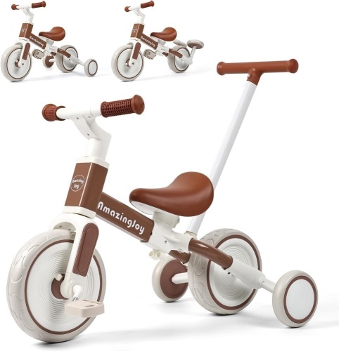 6 in 1 Toddler Tricycle for 1-3 Years Old Kids Balance Bike with Handlebar Push Trike Baby Balance Bike with Removable Pedal Adjustable Seat Birthday Gift for Kids Brown - Lot 2020
