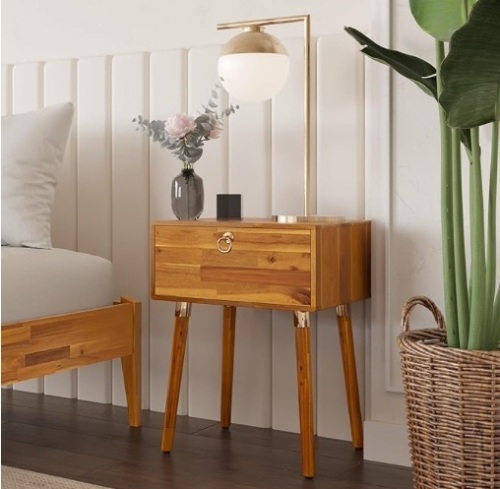 Bme Alden Solid Wood Nightstand/Side Table/End Table, Fully Assembled, with 1-Drawer for Mid Century Bedroom and Living Room, (12mm), Caramel - Lot 112