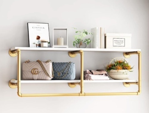 HOMEKAYT Industrial Pipe Shelving Wall Mounted Rustic Wood Shelf Industrial Floating Shelves (Gold 2-Tier, 48'') $88.89 - Lot 122d