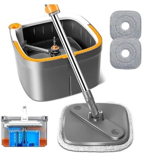 KZKR Spin Square Mop M16 Square Spin Mop and Bucket Set, with Dirty/Clean Water Separation System, Self Rotating Mop-Head for Hardwood Tile Marble Floors (2 Pads) - Lot 163