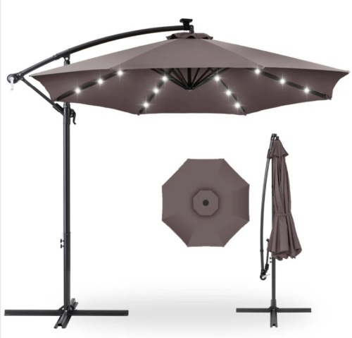 Solar LED Offset Hanging Patio Umbrella w/ Crank Tilt Adjustment - 10ft - Lot 166