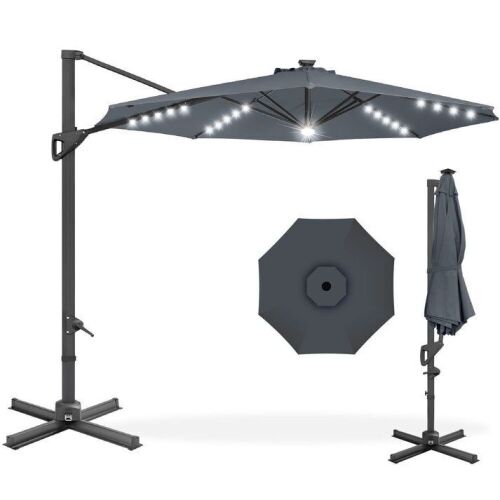 360-Degree Solar LED Cantilever Offset Patio Umbrella w/ Tilt - 10ft - Lot 241