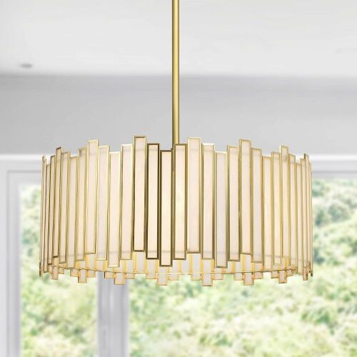 Wrlmfy Gold Drum  Pendant Lighting Fixture with Glass Shade - Lot 308
