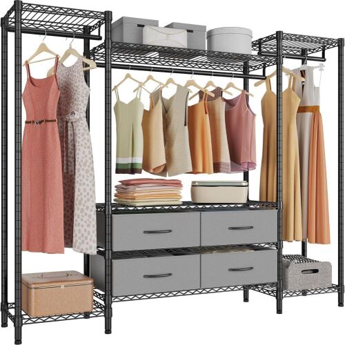  VIPEK V20 Heavy Duty Wire Garment Rack with 6 Shelves, 3 Hang Rods & 4 Fabric Drawers, 56.7" L x 14.6" W x 70.9" H, Black  - Lot 351