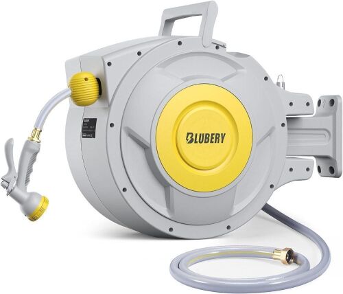 Blubery Heavy Duty 1/2"×130 FT Retractable Garden Hose Reel Wall Mount with 180°Swivel Bracket  - Lot 96