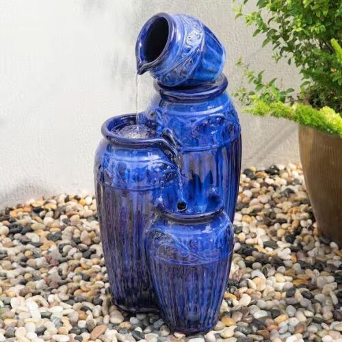 Glitzhome 27.25 in. H 4 Tier Cobalt Blue Embossed Pattern Ceramic Pots Fountain with Pump and LED Light - Lot 398