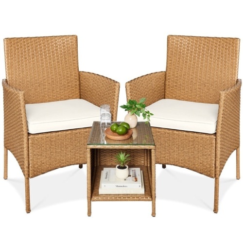 3-Piece Outdoor Patio Wicker Bistro Set w/ Side Storage Table  - Lot 56