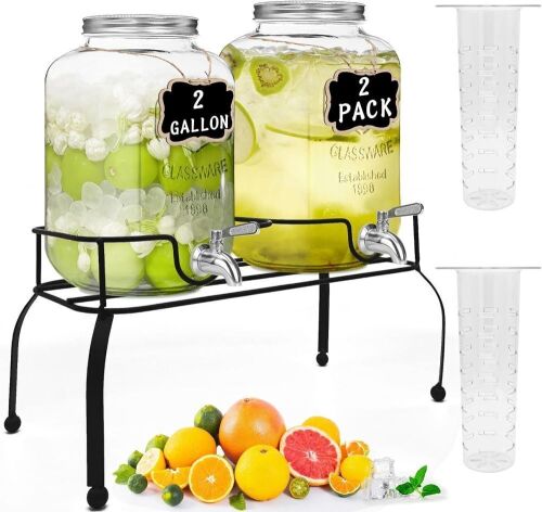2 Gallon Glass Drink Dispensers with Stand - Lot 812