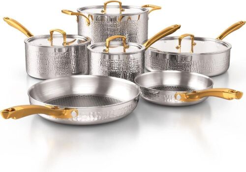 Tri-Ply Stainless Steel Hammered Kitchen Cookware Set, 10 pc  - Lot 437