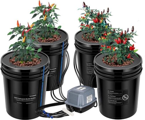  VIVOSUN DWC Hydroponics Grow System with Top Drip Kit, 5-Gallon Deep Water Culture, 4 Buckets - Lot 438