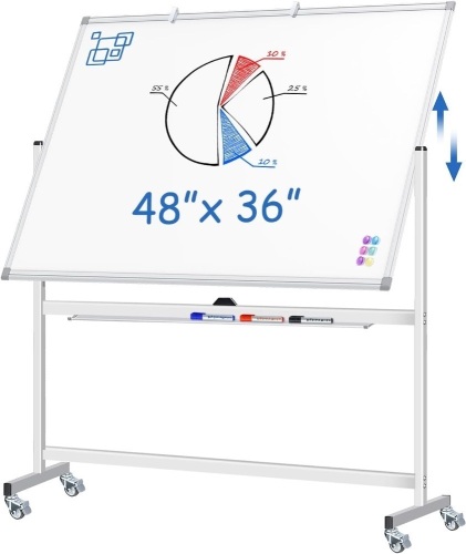 Large Rolling White Board, 48x36 in Double-Sided Mobile Whiteboard, maxtek Reversible Magnetic Dry Erase Board Easel Standing Whiteboard on Wheels School Supplies for Classroom Office and Home, Silver - Lot 1719
