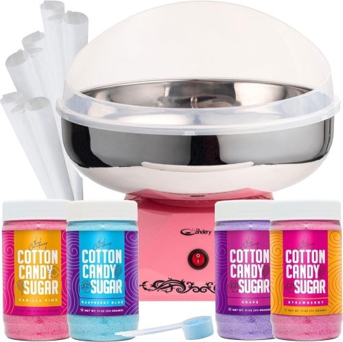 The Candery Cotton Candy Machine with Stainless Steel Bowl 2.0 and Floss Bundle- Flossing Sugar Floss, Birthday Parties Fairs- Includes 5 Floss Sugar Flavors 12oz Jars and 50 Paper Cones & Scooper - Lot 1780