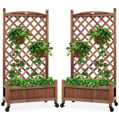 Set of 2 Wood Planter Box & Lattice Trellis w/ Optional Wheels - 48in - Lot 2213