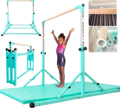 PreGymnastic Foldable Gymnastics Bar, 6FT Gymnastic Horizontal Bars, Folding Training Bar for Kids and Teenagers 3-18, Weight Limit 500 LB, Adjustable kip Bar,Children Home Gym Equipment Indoor - Lot 2237