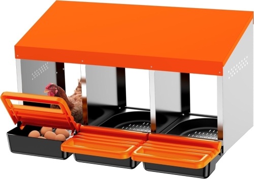 Chicken Nesting Boxes, 3 Hole Metal Roll Away Nest Box for Chickens Laying Egg with Lid Cover to Protect Eggs Orange - Lot 2243