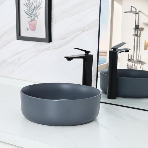 bathivy 14.2" Matte Gray Round Vessel Sink with Pop Up Drain - Lot 2247